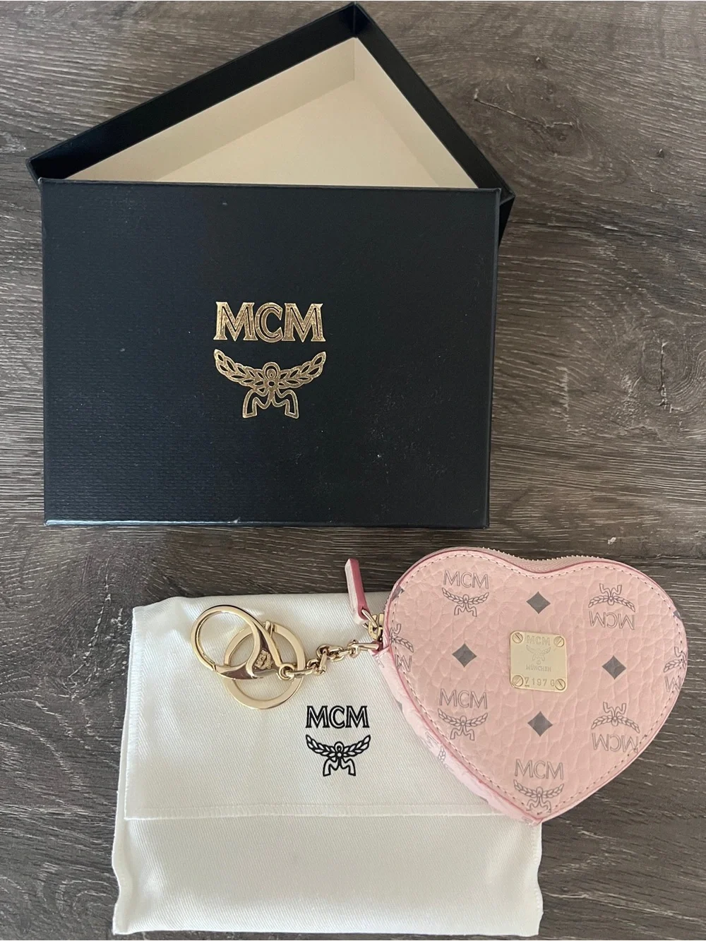 MCM Pink Heart Key & Card Holder with Gold Hardware